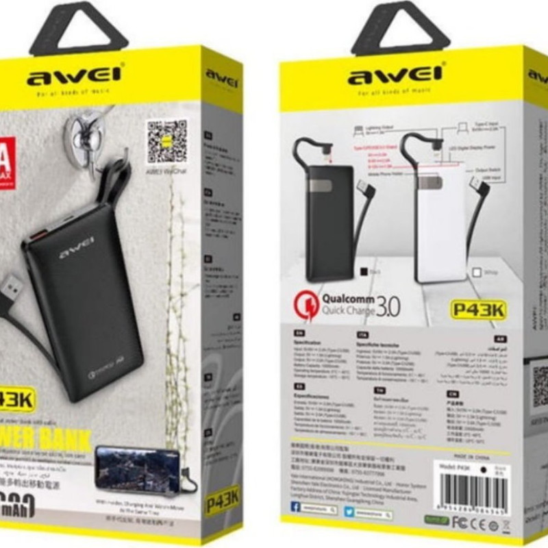 Awei P43 PowerBank με 2 Θύρες USB-A 10000mAh - Χρώμα: Μαύρο