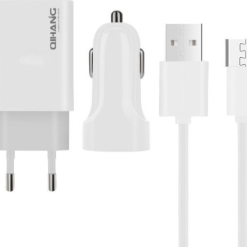 QIHANG QH-Z14 Σετ Αυτοκίνητου και Πρίζας με Θύρα USB-A και Καλώδιο micro USB - Χρώμα: Λευκό
