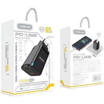 YESPLUS YS-1122 Φορτιστής PD 65W 3X USB Γρήγορης Φόρτισης με Υποδοχή USB-A & 2x Type-C - Χρώμα: Μαύρο YESPLUS YS-1122 Φορτιστής PD 65W 3X USB Γρήγορης Φόρτισης με Υποδοχή USB-A & 2x Type-C - Χρώμα: Μαύρο