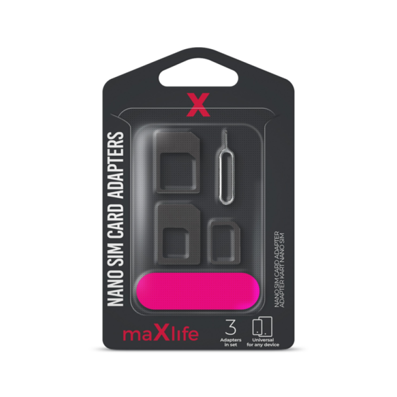 MaXlife Nano SIM Card Adapters Σετ 3τμχ με Εργαλείο Εξαγωγής SIM OEM001641 - Χρώμα: Μαύρο