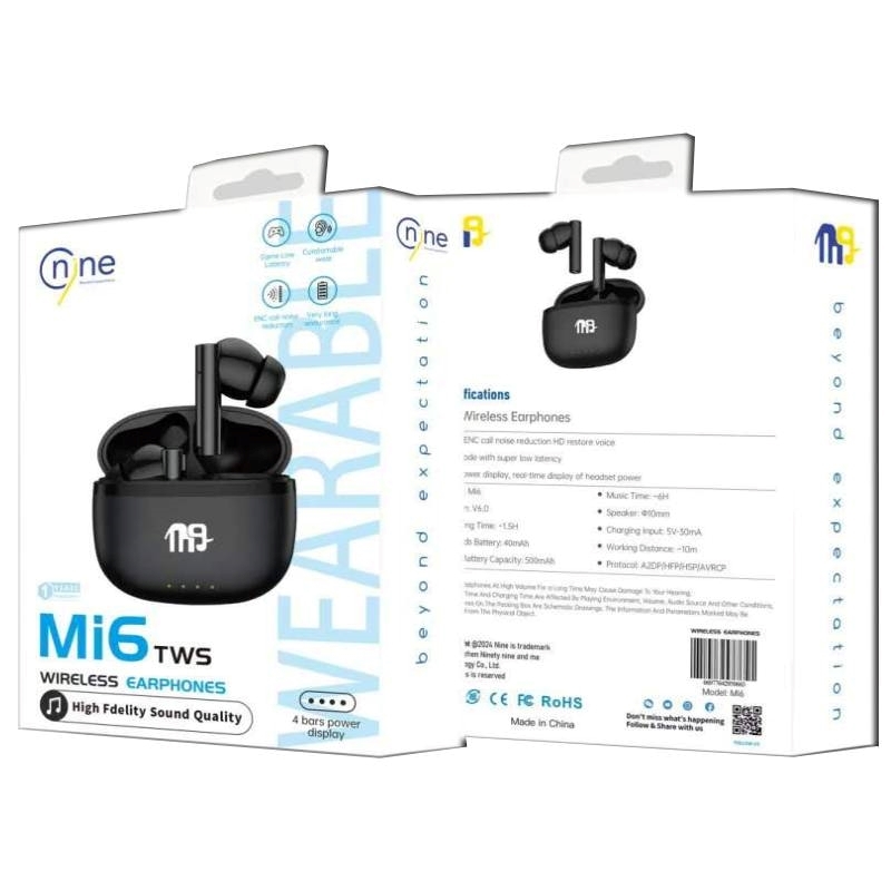 NINE Mi6 Ασύρματα Ακουστικά με Θήκη Φόρτισης True Wireless Stereo Earbuds - Χρώμα: Μαύρο
