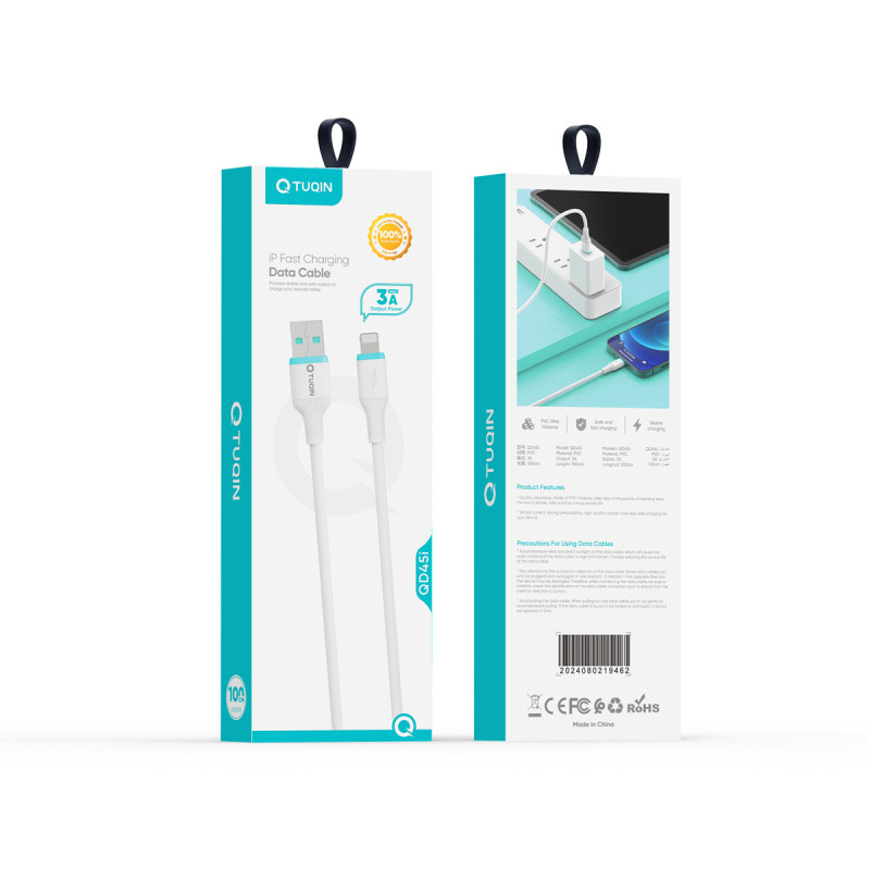 TUQIN QD45i Καλώδιο USB-A σε Lightning 3A Γρήγορης Φόρτισης 1m - Χρώμα: Λευκό