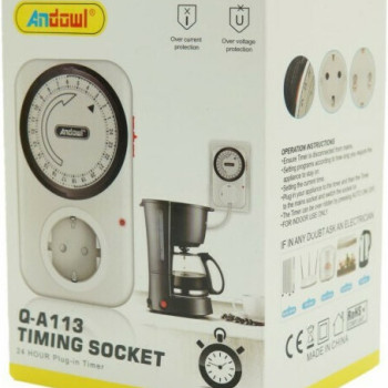Andowl Q-A113 24 Ώρες Plug-in Χρονοδιακόπτης Διακόπτης Μηχανικός Προγραμματιζόμενος με Υποδοχή Ηλεκτρικής Ενέργειας – Χρώμα: Άσπρο