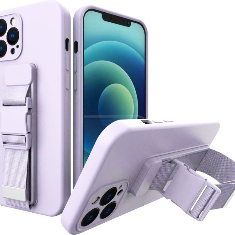 Θήκη Σιλικόνης με Λουράκι & Κάμερα Προστασίας για iPhone 13 - Χρώμα: Λιλά