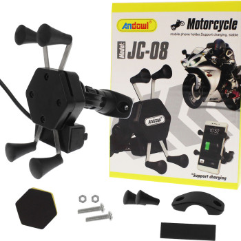 Andowl JC-08 Βάση Κινητού Μοτοσυκλέτας με Ρυθμιζόμενο Βραχίονα για το Τιμόνι & Φορτιστή - Χρώμα: Μαύρο