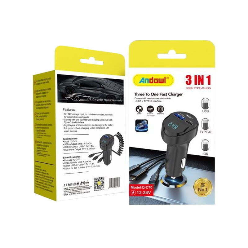 Andowl Q-C70 Φορτιστής Αυτοκινήτου Γρήγορης Φόρτισης με Θύρες: 1xUSB 1xType-C - Χρώμα: Μαύρο
