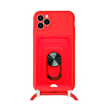 Θήκη Σιλικόνης με Λουράκι & Υποδοχή Κάρτας με Προστασία Κάμερας για Samsung Galaxy iPhone 11 - Χρώμα: Κόκκινο