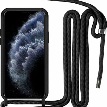 Θήκη Πλάτης Σιλικόνης με Λουράκι για Apple iPhone 13 Pro Max - Χρώμα: Μαύρο