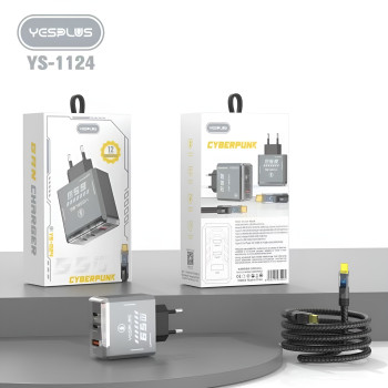 YESPLUS YS-1124 Φορτιστής Κινητού / Laptop CYBERPUNK Γρήγορης Φόρτισης με 2x Θύρες Type-C & 1x USB-A 65W GAN & Καλώδιο Type-C σε Type-C 1m - Χρώμα: Μαύρο YESPLUS YS-1124 Φορτιστής Κινητού / Laptop CYBERPUNK Γρήγορης Φόρτισης με 2x Θύρες Type-C & 1x USB-A 65W GAN & Καλώδιο Type-C σε Type-C 1m - Χρώμα: Μαύρο
