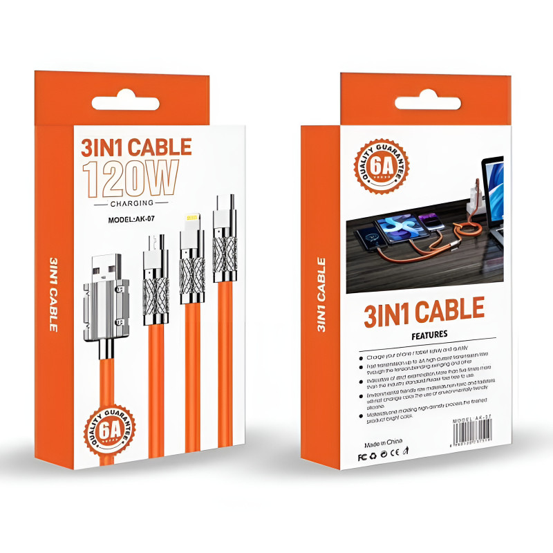 LOL AK-07 Καλώδιο Φόρτισης & Μεταφοράς Δεδομένων 3-in-1 USB Type-C/USB Lightning/Micro USB 120W - Χρώμα: Πορτοκαλί
