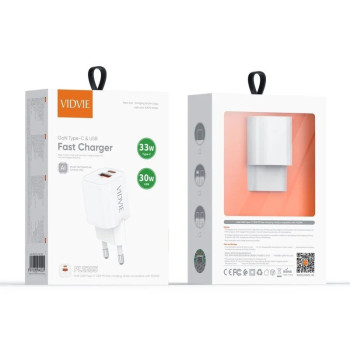 VIDVIE PLE255C&C PD 33W Φορτιστής GaN με 1 Θύρες USB-A & 1 Θύρες USB-C & Καλώδιο Type-C σε Type-C - Χρώμα: Λευκό VIDVIE PLE255C&C PD 33W Φορτιστής GaN με 1 Θύρες USB-A & 1 Θύρες USB-C & Καλώδιο Type-C σε Type-C - Χρώμα: Λευκό