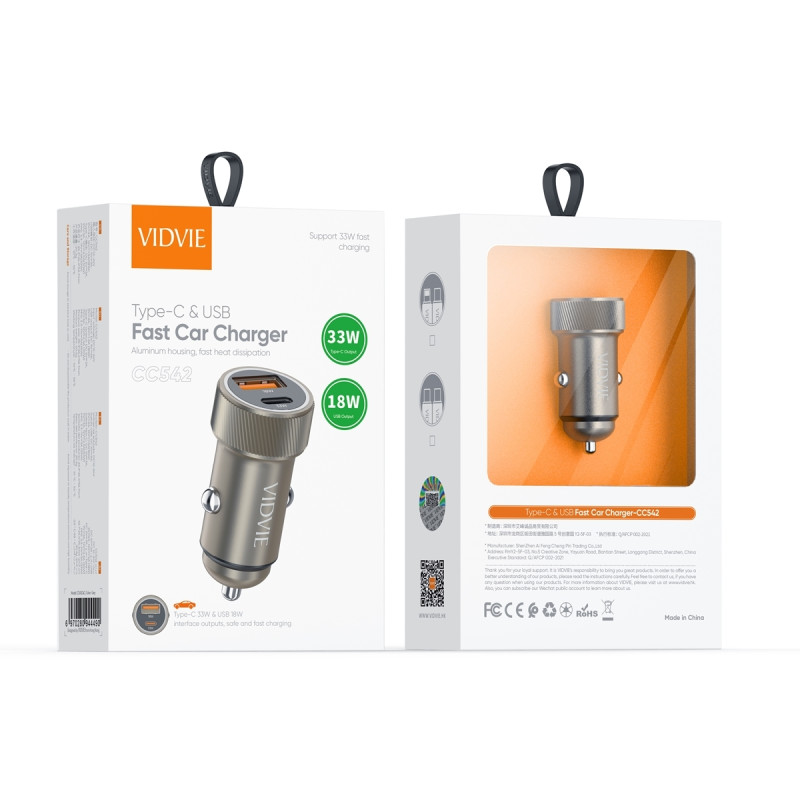 VIDVIE CC542C&C Φορτιστής Αυτοκινήτου με 18W Θύρα USB-A & 30W 2x Θύρες USB Type-C με 60W Καλώδιο Type-C σε Type C - Χρώμα: Χρυσό