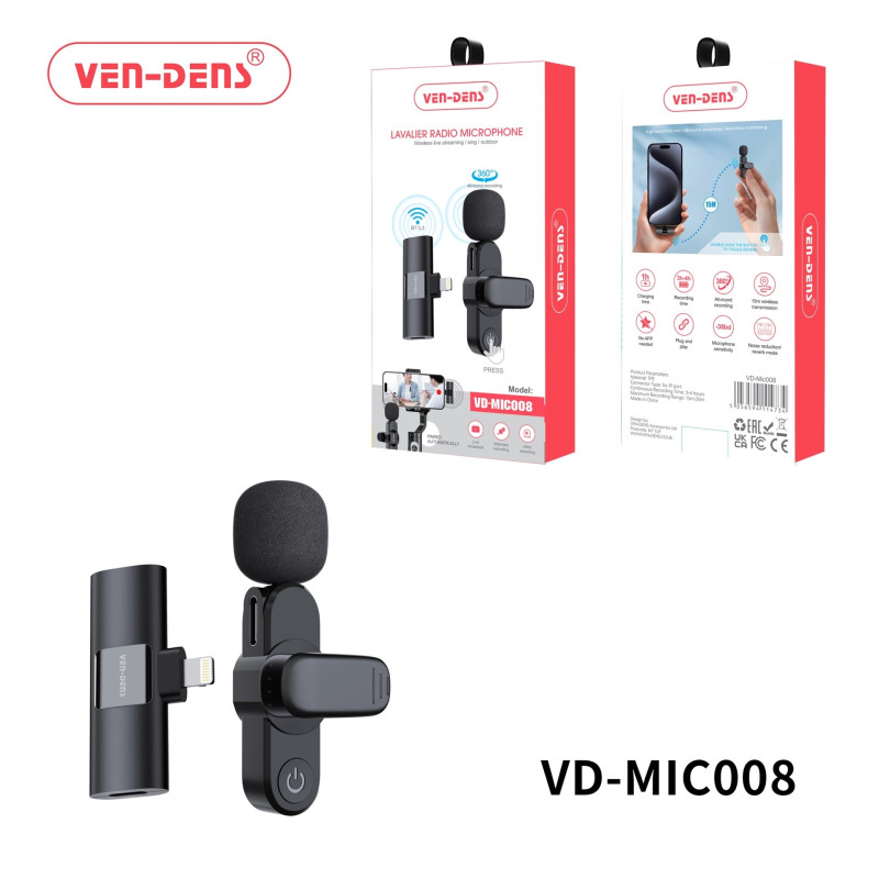VEN-DENS VD-MIC008 Ασύρματο Μικρόφωνο με Δέκτη, Μύσμα Lightning - Χρώμα: Μαύρο