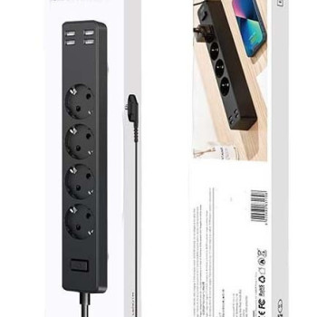XO WL10 Πολύπριζο 4 Θέσεων με Διακόπτη, 4 Θέσεις USB & Καλώδιο 1.8m - Χρώμα: Μαύρο