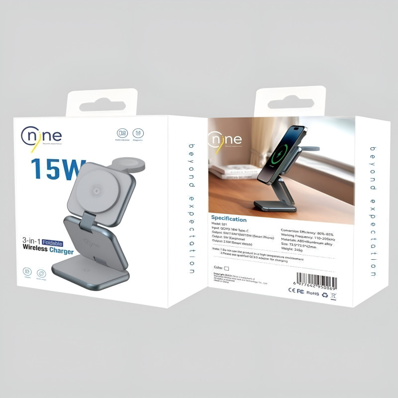 NINE S21 15W 3 σε 1 Αναδιπλούμενος Ασύρματος Φορτιστής για Κινητό, Ρολόι & Airpods - Χρώμα: Μαύρο