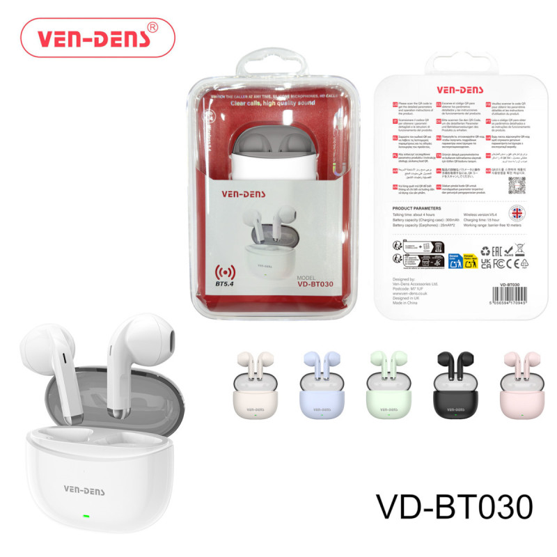VEN-DENS VD-BT030 Ασύρματα Bluetooth Ακουστικά με Θήκη Φόρτισης True Wireless Stereo Earbuds - Χρώμα: Λευκό