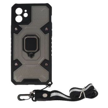 Θήκη Πλάτης Heavy Duty με Ring Holder & Λουράκι για Apple iPhone 11 - Χρώμα: Σκούρο Διάφανο