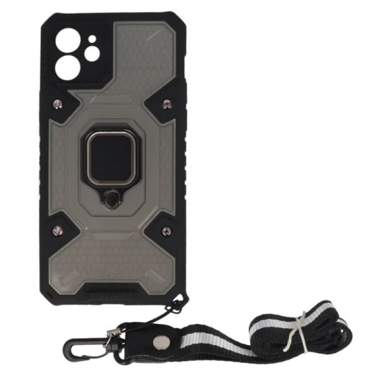 Θήκη Πλάτης Heavy Duty με Ring Holder & Λουράκι για Apple iPhone 11 - Χρώμα: Σκούρο Διάφανο