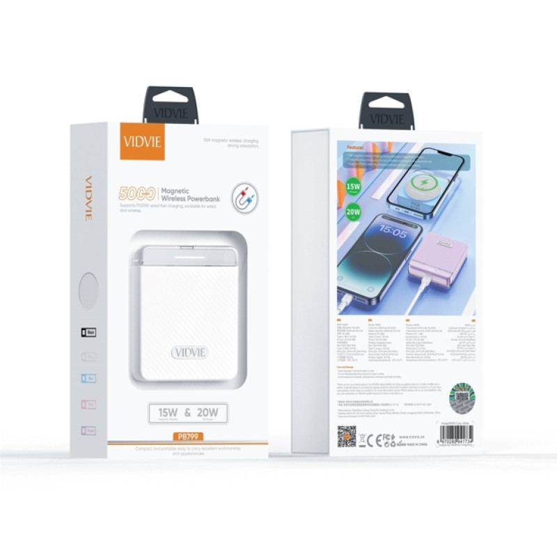 VIDVIE PB799 Power Bank 15W Ασύρματης Φόρτισης με PD 20W Θύρα USB-C 5000mAh - Χρώμα: Λευκό