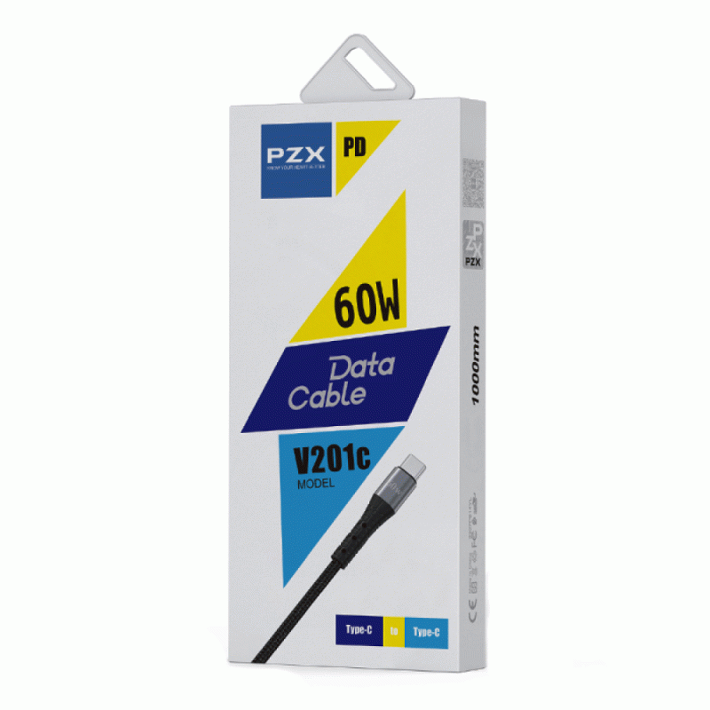 PZX V201C Καλώδιο Φόρτισης & Μεταφοράς Δεδομένων Type-C σε Type-C PD60W 1m - Χρώμα: Μαύρο