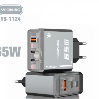 YESPLUS YS-1124 Φορτιστής Κινητού / Laptop CYBERPUNK Γρήγορης Φόρτισης με 2x Θύρες Type-C & 1x USB-A 65W GAN & Καλώδιο Type-C σε Type-C 1m - Χρώμα: Μαύρο