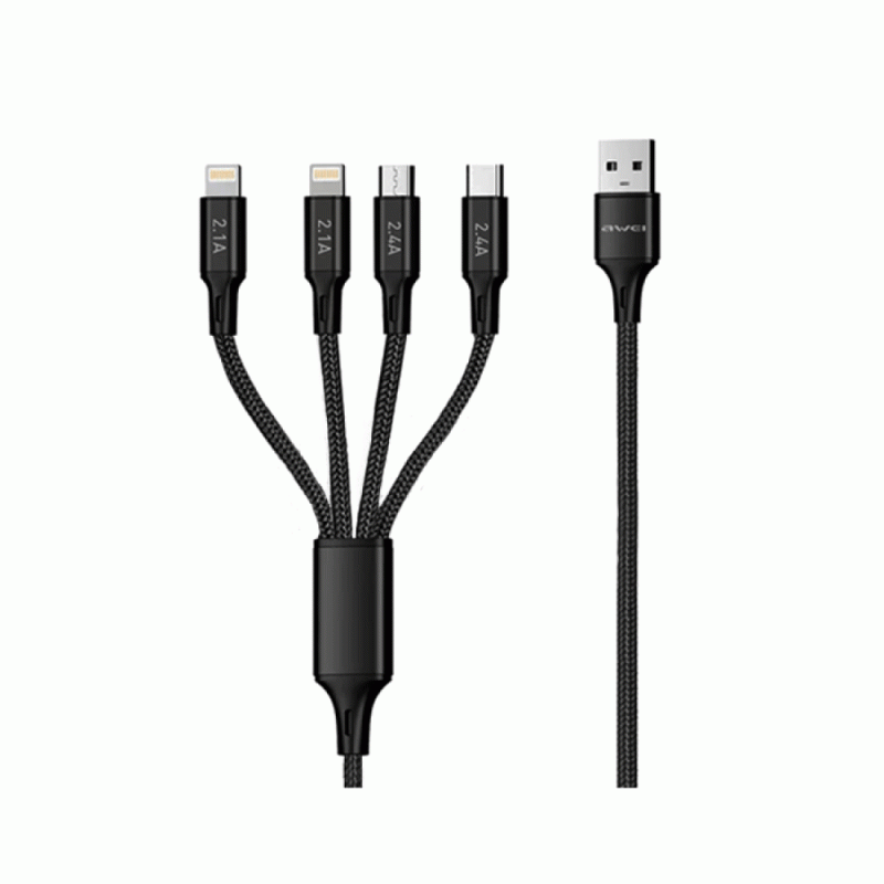 AWEI CL-129 Καλώδιο 4 IN 1 Πολυφόρτισης USB Το Lightning / Type-C / Micro USB 1.5m Χρώμα: Μαύρο