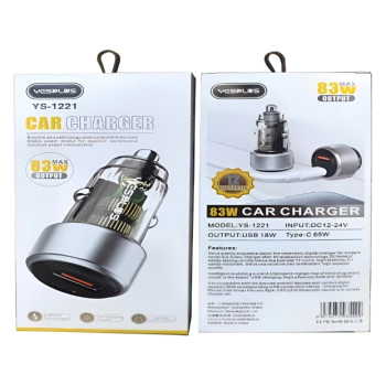 YESPLUS YS-1221 Φορτιστής Αυτοκινήτου 85W Γρήγορης Φόρτισης με Θύρες: 1xUSB 1xType-C - Χρώμα: Ασημί