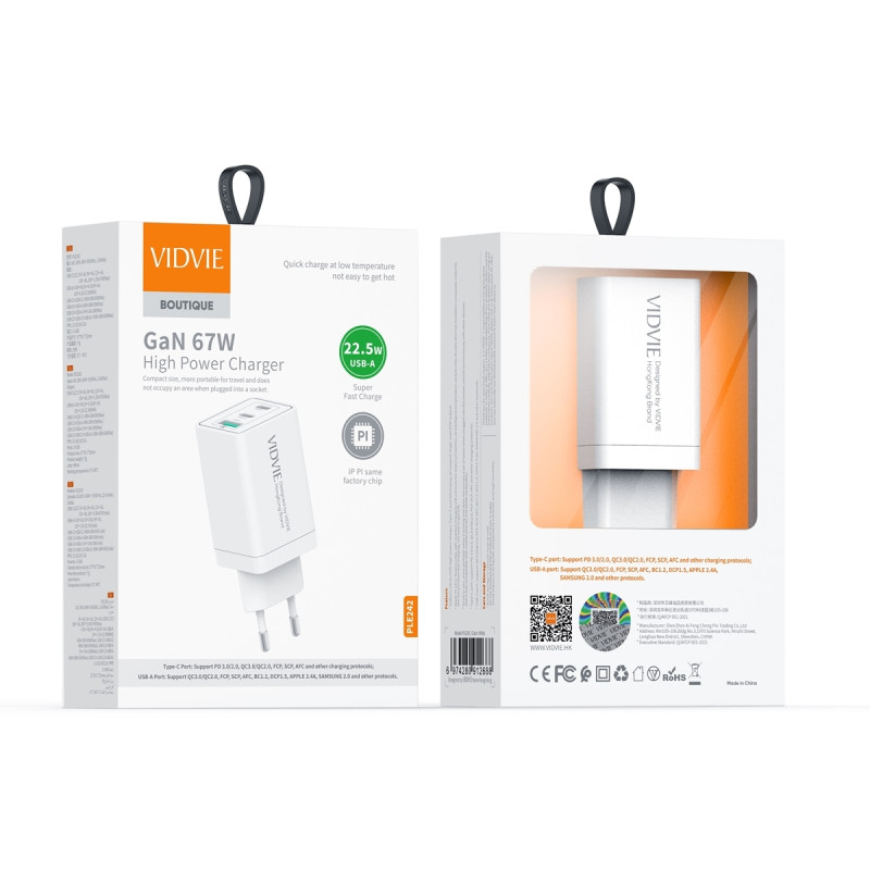 VIDVIE PLE242C Φορτιστής GaN με 1 Θύρες USB-A 22.5W & 2 Θύρες USB-C 67W Power Delivery - Χρώμα: Λευκό