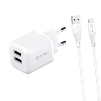 TUQIN QE47 Φορτιστής με 2X Θύρες USB-A & Καλώδιο USB-A σε Type-C Γρήγορης Φόρτισης 1m - Χρώμα: Λευκό