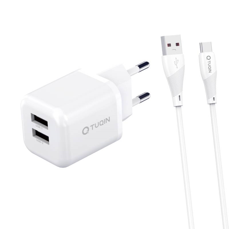 TUQIN QE47 Φορτιστής με 2X Θύρες USB-A & Καλώδιο USB-A σε Type-C Γρήγορης Φόρτισης 1m - Χρώμα: Λευκό