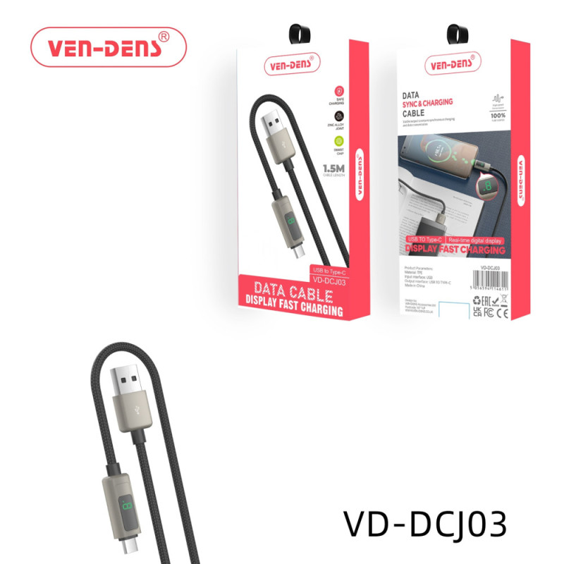 VEN-DENS VD-DCJ03 120W Καλώδιο Φόρτισης & Μεταφοράς Δεδομένων με Οθόνη - LCD - USB-A σε USB Type-C (1.5m) - Χρώμα: Μαύρο