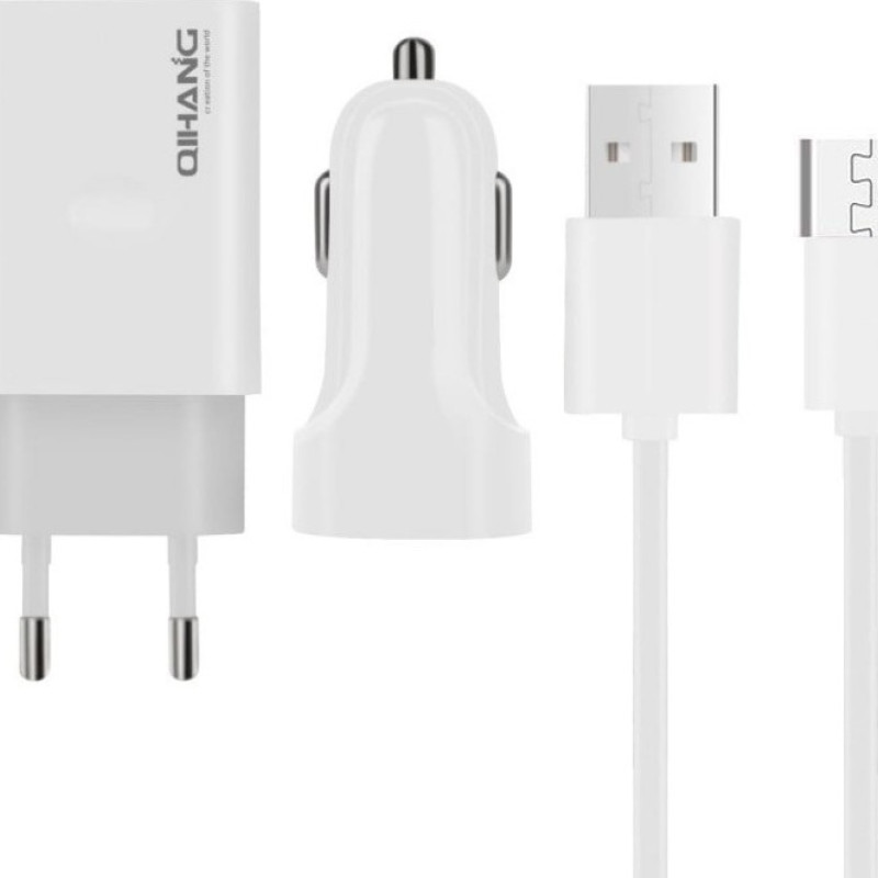 QIHANG QH-Z14 Σετ Αυτοκίνητου και Πρίζας με Θύρα USB-A και Καλώδιο micro USB - Χρώμα: Λευκό
