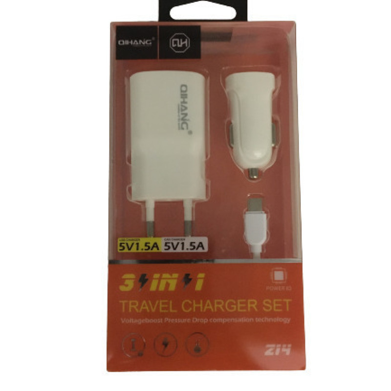 QIHANG QH-Z14 Σετ Αυτοκίνητου και Πρίζας με Θύρα USB-A και Καλώδιο micro USB - Χρώμα: Λευκό