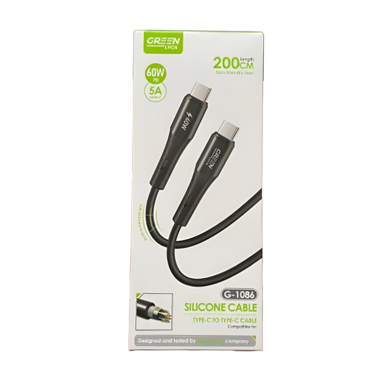 GREEN LYCA G-1086 Καλώδιο Φόρτισης & Μεταφοράς Δεδομένων Type-C σε Type-C 60W PD 5A 2m - Χρώμα: Μαύρο
