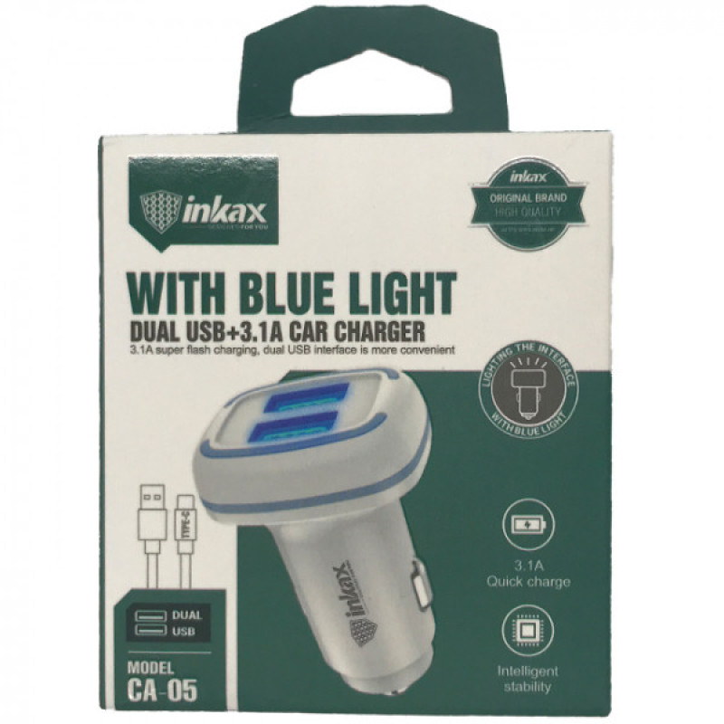 Inkax CA-05 Φορτιστής Αυτοκινήτου με Διπλή Θύρα USB & Καλώδιο Type-C - Χρώμα: Λευκό Inkax CA-05 Φορτιστής Αυτοκινήτου με Διπλή Θύρα USB & Καλώδιο Type-C - Χρώμα: Λευκό
