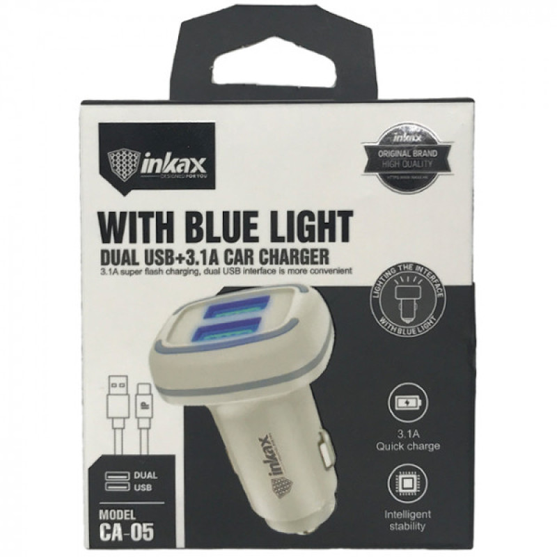 Inkax CA-05 Φορτιστής Αυτοκινήτου με Διπλή Θύρα USB & Καλώδιο Lightning - Χρώμα: Λευκό Inkax CA-05 Φορτιστής Αυτοκινήτου με Διπλή Θύρα USB & Καλώδιο Lightning - Χρώμα: Λευκό