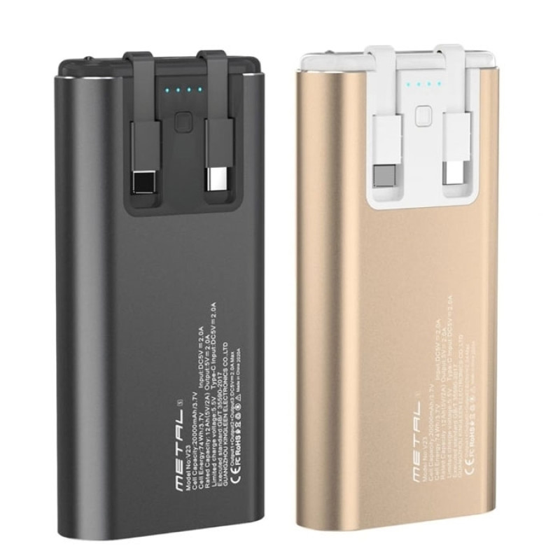 PZX V23 Power Bank 20000Mah με Διπλά Καλώδια Ενσωματωμένα σε Type C και Lightning Cables - Χρώμα: Μαύρο