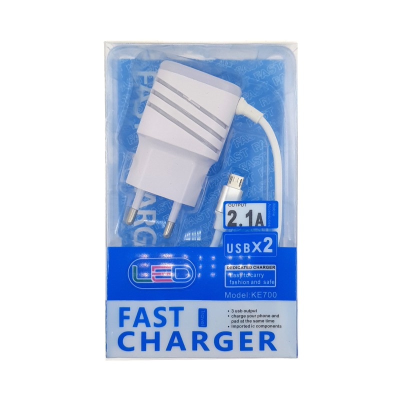 Ταχυφορτιστής LED (KE700) 2 USB 2.1A με Καλώδιο MicroUSB
