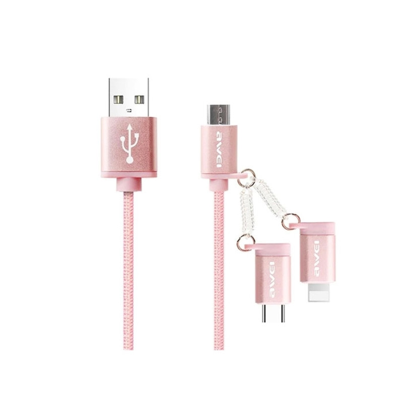 Καλώδιο Φόρτισης Awei CL-990 1m Micro USB/USB Type-C/Lightning Fast Charging Cable - Χρώμα: Χρυσό Ροζ