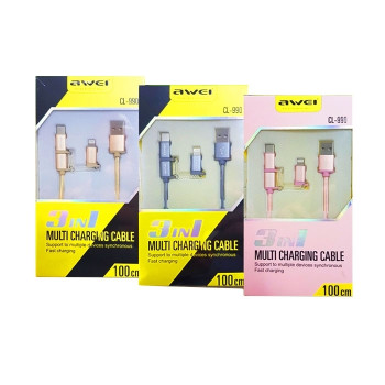 Καλώδιο Φόρτισης Awei CL-990 0.1m Micro USB/USB Type-C/Lightning Fast Charging Cable - Χρώμα: Γκρι Καλώδιο Φόρτισης Awei CL-990 0.1m Micro USB/USB Type-C/Lightning Fast Charging Cable - Χρώμα: Γκρι