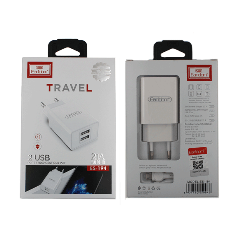 EARLDOM ES-194M Φορτιστής με Καλώδιο Φόρτισης Micro USB 2.4Α Dual USB - Color: Λευκό
