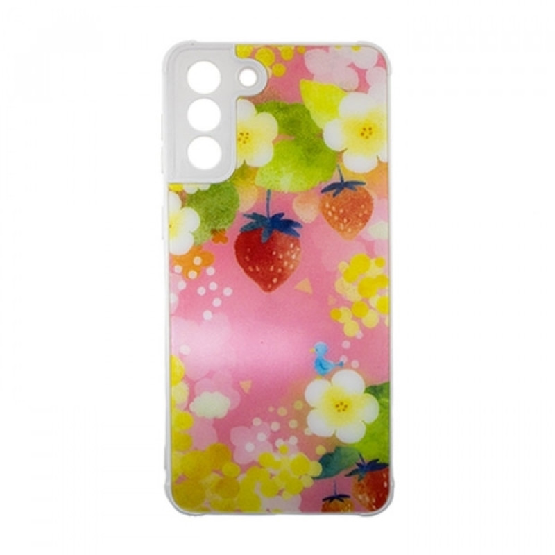 Θήκη Πλάτης Πλαστική με Σχέδια για Samsung Galaxy S21 - Χρώμα: Ρόζ με Φραουλίτσες Θήκη Πλάτης Πλαστική με Σχέδια για Samsung Galaxy S21 - Χρώμα: Ρόζ με Φραουλίτσες