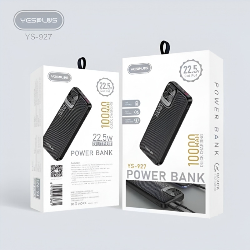YESPLUS YS-927 PowerBank με Γρήγορη Φόρτιση PD 22.5W με Οθόνη LED & 2 Εξόδους & 2 Εισόδους 10000mAh - Χρώμα: Μαύρο