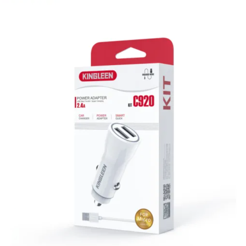 KINGLEEN C920 Φορτιστής Αυτοκινήτου με 2 USB Θύρες & USB σε Type-C Καλώδιο 2.4A - Χρώμα: Άσπρο