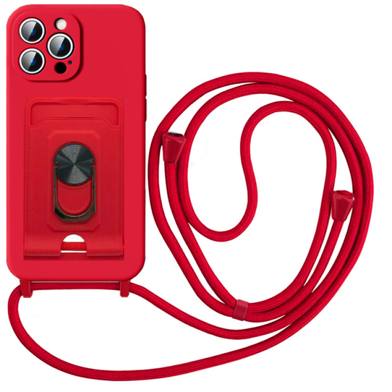Θήκη Σιλικόνης με Λουράκι & Υποδοχή Κάρτας για iPhone 13 Pro - Χρώμα: Κόκκινο
