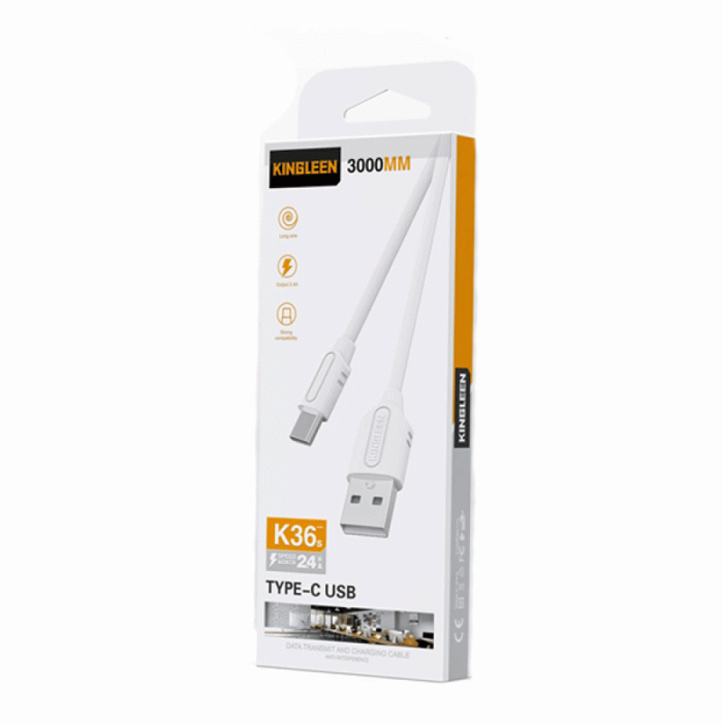 KINGLEEN K36S Καλώδιο Φόρτισης & Μεταφοράς Δεδομένων USB σε Type-C 2.4A 3M - Χρώμα: Άσπρο