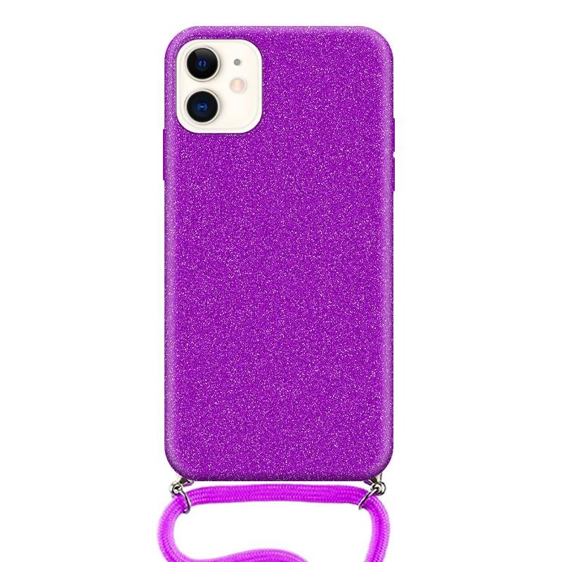 Θήκη Πλάτης Σιλικόνης με Λουράκι & Glitter για Apple iPhone 13 Pro - Χρώμα: Μωβ