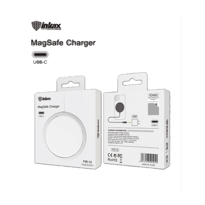 Inkax FW-12 Magsafe Μαγνητικός Ασύρματος Φορτιστής 15W για iPhone με Υποδοχή Type-C - Χρώμα: Άσπρο