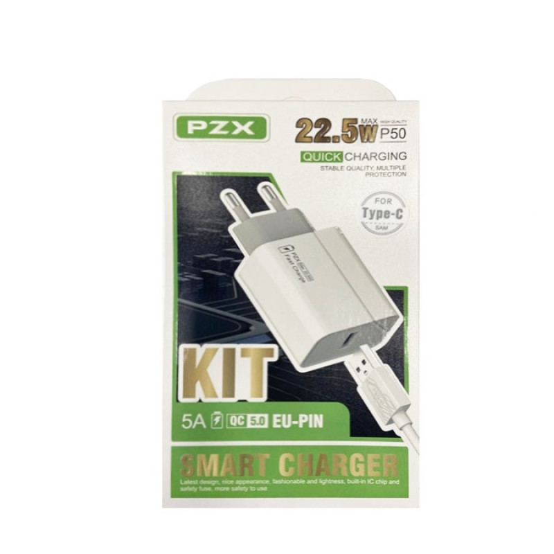 PZX P50 Φορτιστής με Θύρα USB & Καλώδιο USB-A σε Type-C - Χρώμα: Λευκό