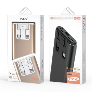 PZX V23 Power Bank 20000Mah με Διπλά Καλώδια Ενσωματωμένα σε Type C και Lightning Cables - Χρώμα: Χρυσό PZX V23 Power Bank 20000Mah με Διπλά Καλώδια Ενσωματωμένα σε Type C και Lightning Cables - Χρώμα: Χρυσό